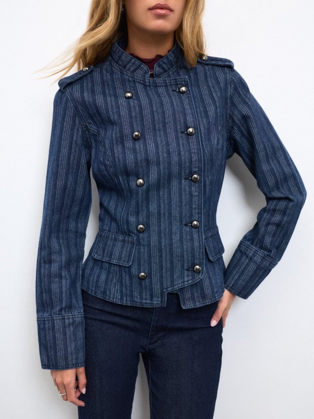 Blue Casual Women's Double-Breasted Denim Jacket - Picture 4 of 8